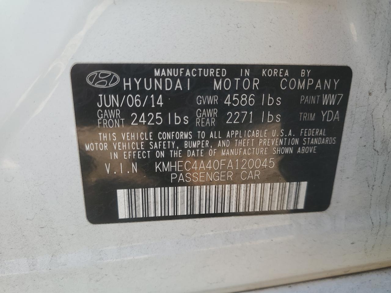 2015 Hyundai Sonata VIN KMHEC4A40FA120045 Copart auction photo, hail / minor dent/scratches damage thumbnail 12