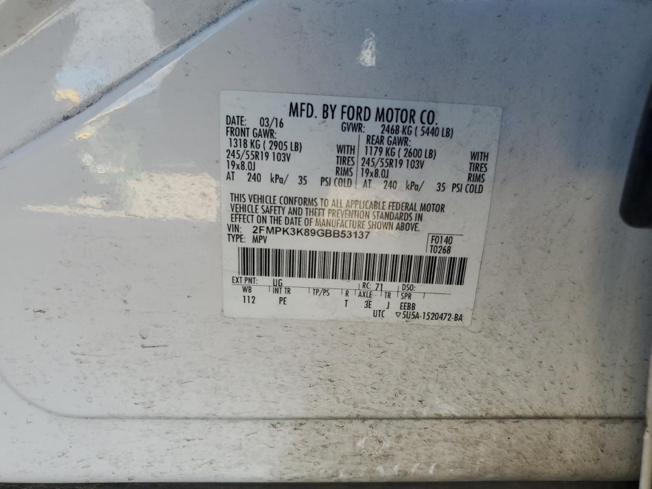 2016 Ford Edge VIN 2FMPK3K89GBB53137 Copart auction photo, all over / minor dent/scratches damage thumbnail 14