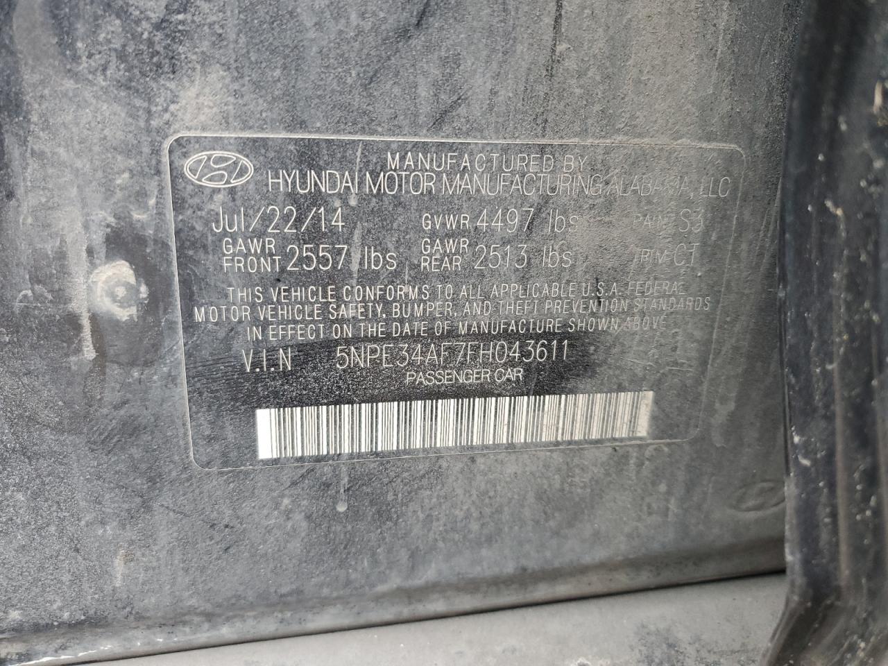 2015 Hyundai Sonata VIN 5NPE34AF7FH043611 Copart auction photo, front end damage thumbnail 12
