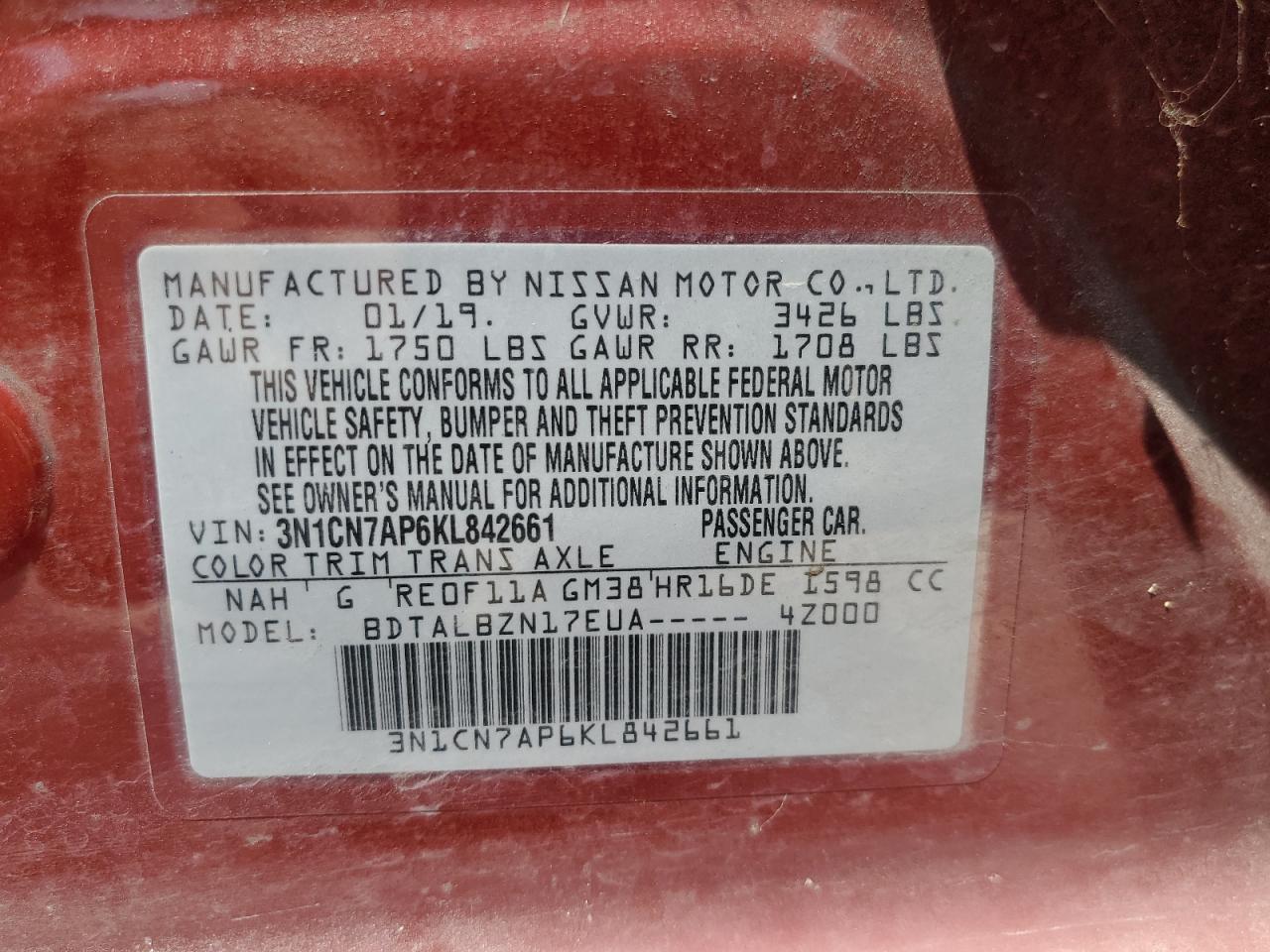 2019 Nissan Versa VIN 3N1CN7AP6KL842661 Copart auction photo, front end damage thumbnail 12