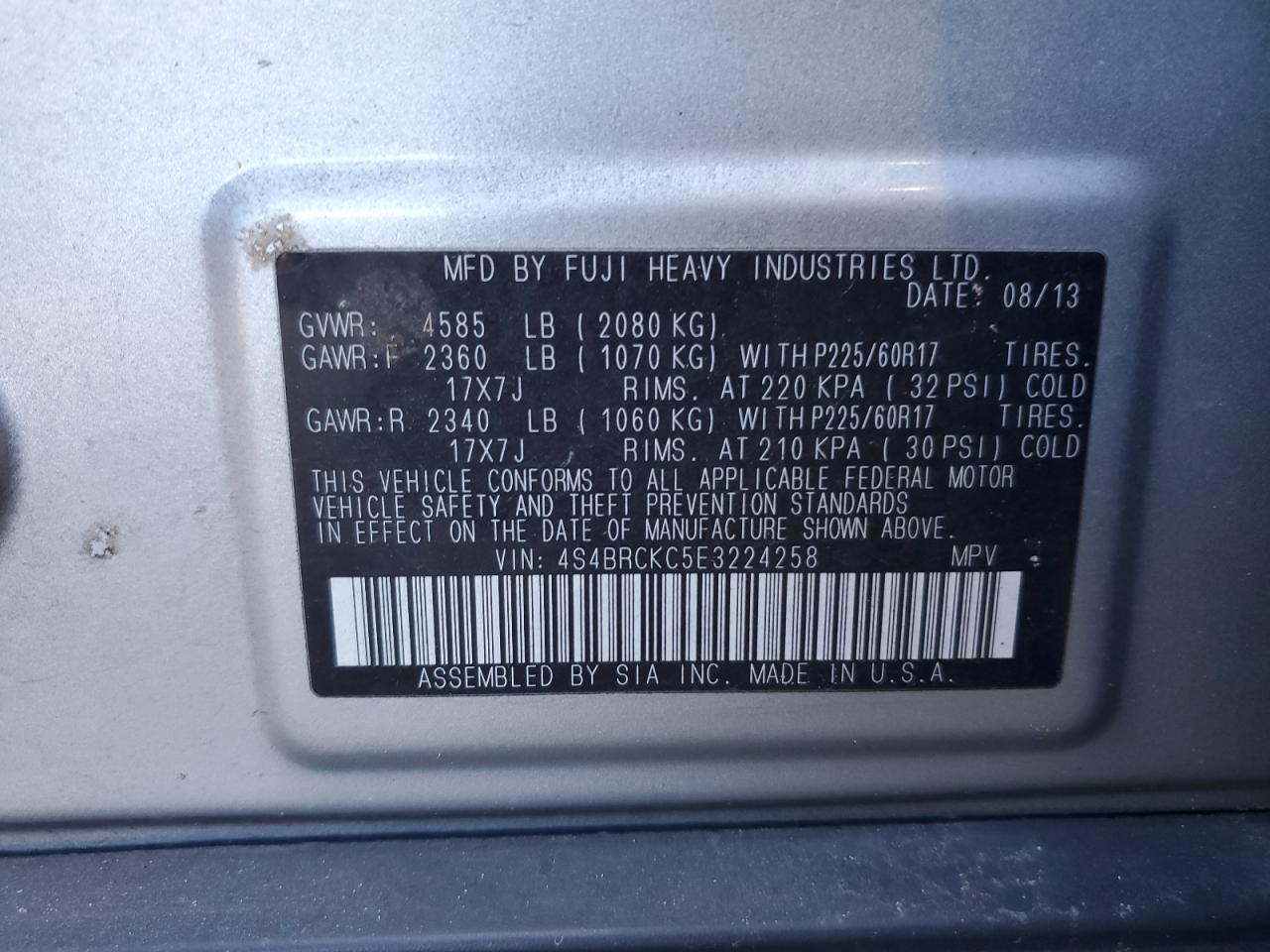 2014 Subaru Outback VIN 4S4BRCKC5E3224258 Copart auction photo, front end / minor dent/scratches damage thumbnail 13