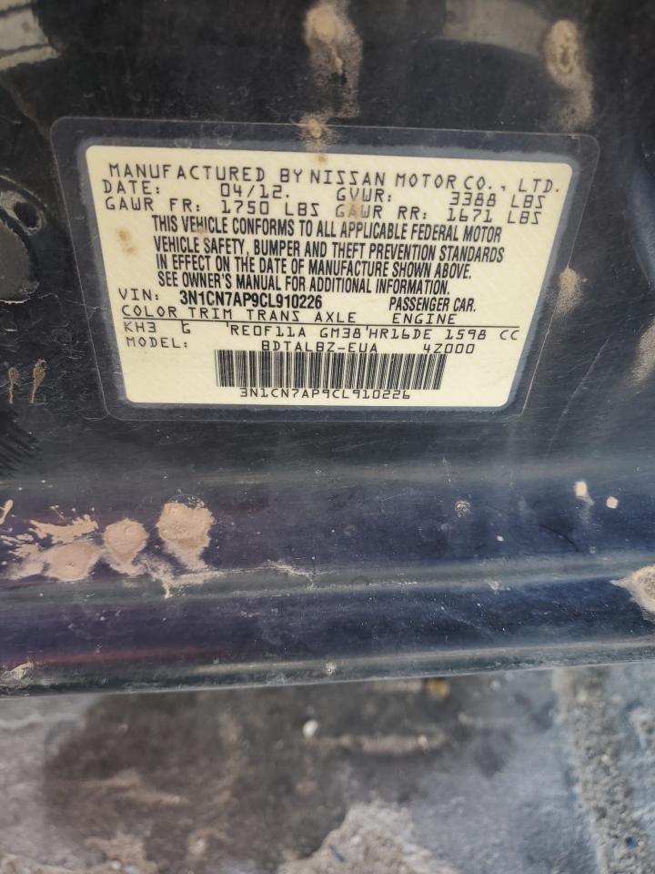 2012 Nissan Versa VIN 3N1CN7AP9CL910226 Copart auction photo, mechanical damage thumbnail 12