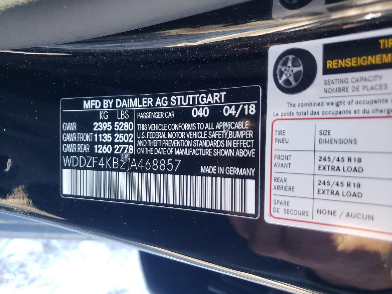 2018 Mercedes-Benz E-klasse VIN WDDZF4KB2JA468857 Copart auction photo, front end damage thumbnail 13