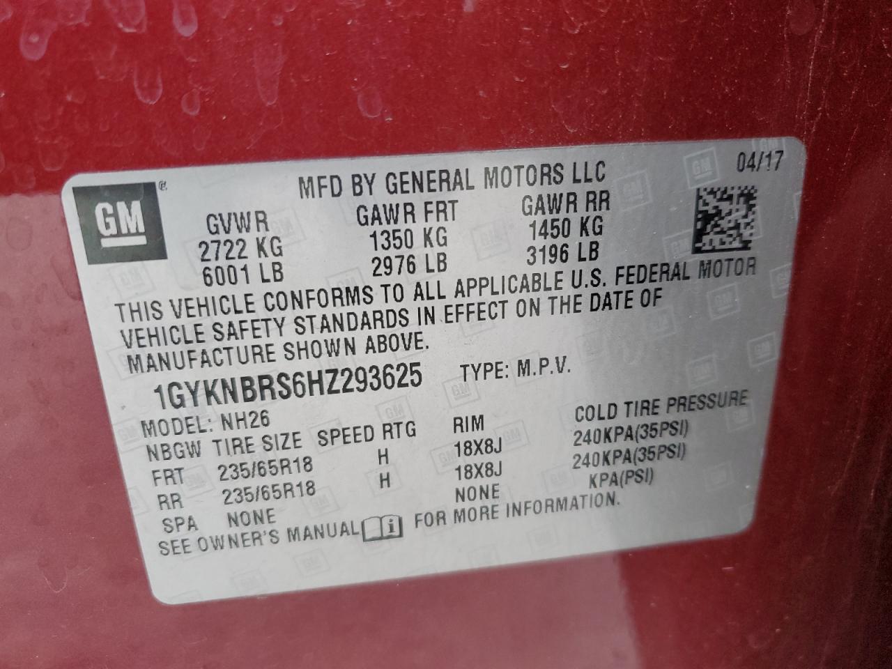 2017 Cadillac XT5 VIN 1GYKNBRS6HZ293625 Copart auction photo, front end / side damage thumbnail 13