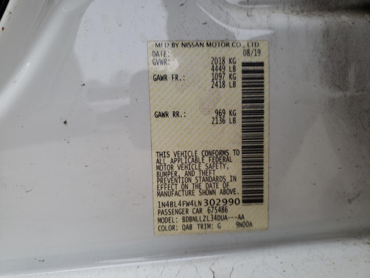 2020 Nissan Altima VIN 1N4BL4FW4LN302990 Copart auction photo, all over / rear end damage thumbnail 12