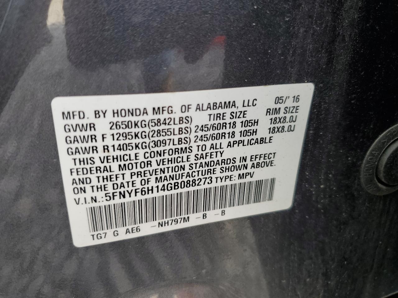 2016 Honda Pilot VIN 5FNYF6H14GB088273 Copart auction photo, front end / undercarriage damage thumbnail 16