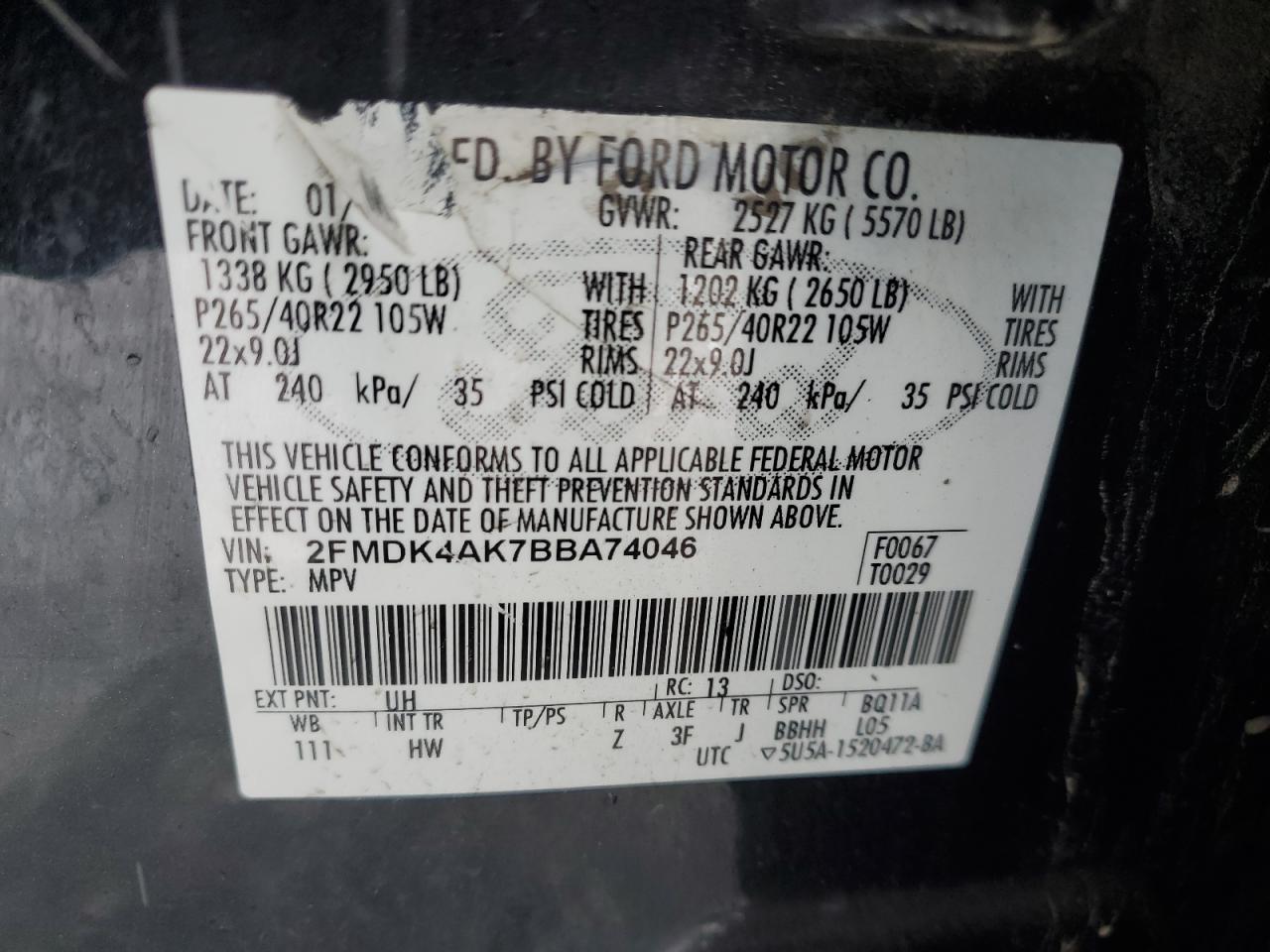 2011 Ford Edge VIN 2FMDK4AK7BBA74046 Copart auction photo, front end damage thumbnail 13