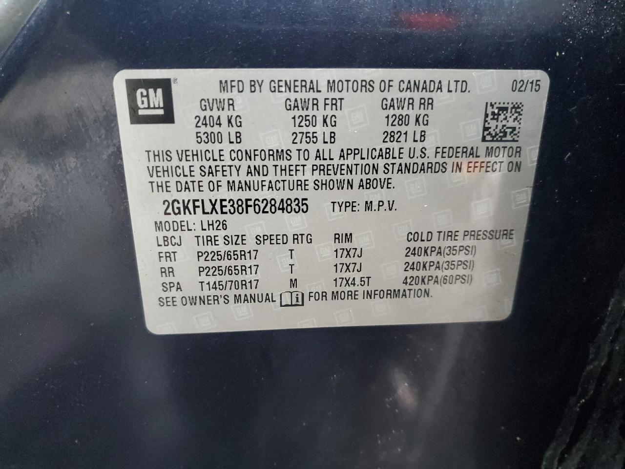 2015 GMC Terrain VIN 2GKFLXE38F6284835 Copart auction photo, rear end / minor dent/scratches damage thumbnail 13