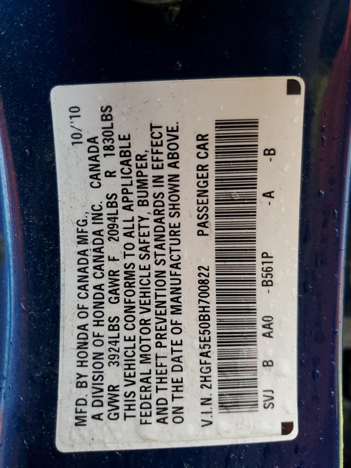 2011 Honda Civic VIN 2HGFA5E50BH700822 Copart auction photo, rear end damage thumbnail 12