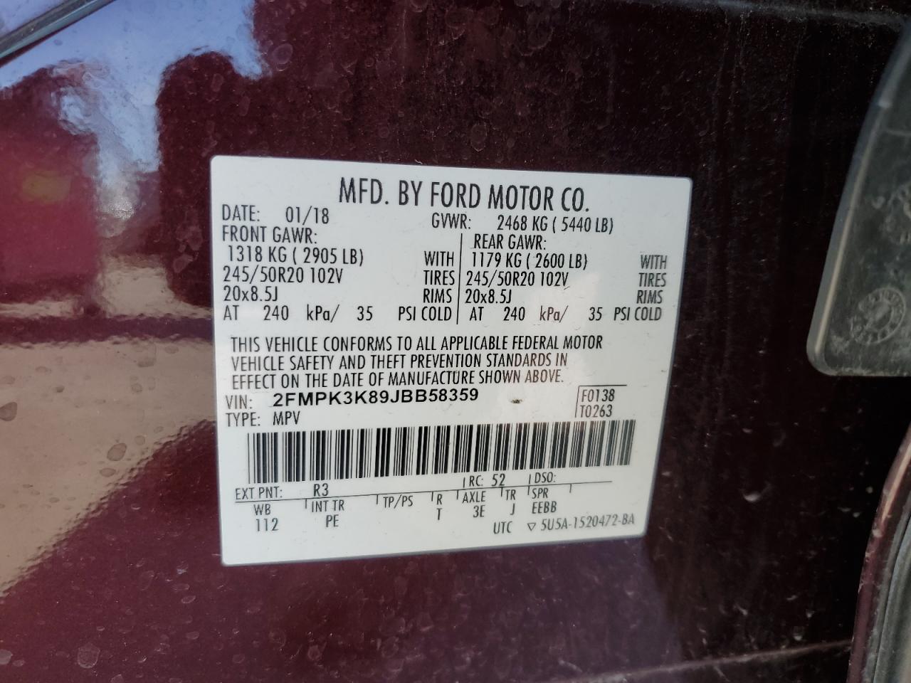 2018 Ford Edge VIN 2FMPK3K89JBB58359 Copart auction photo, front end damage thumbnail 13