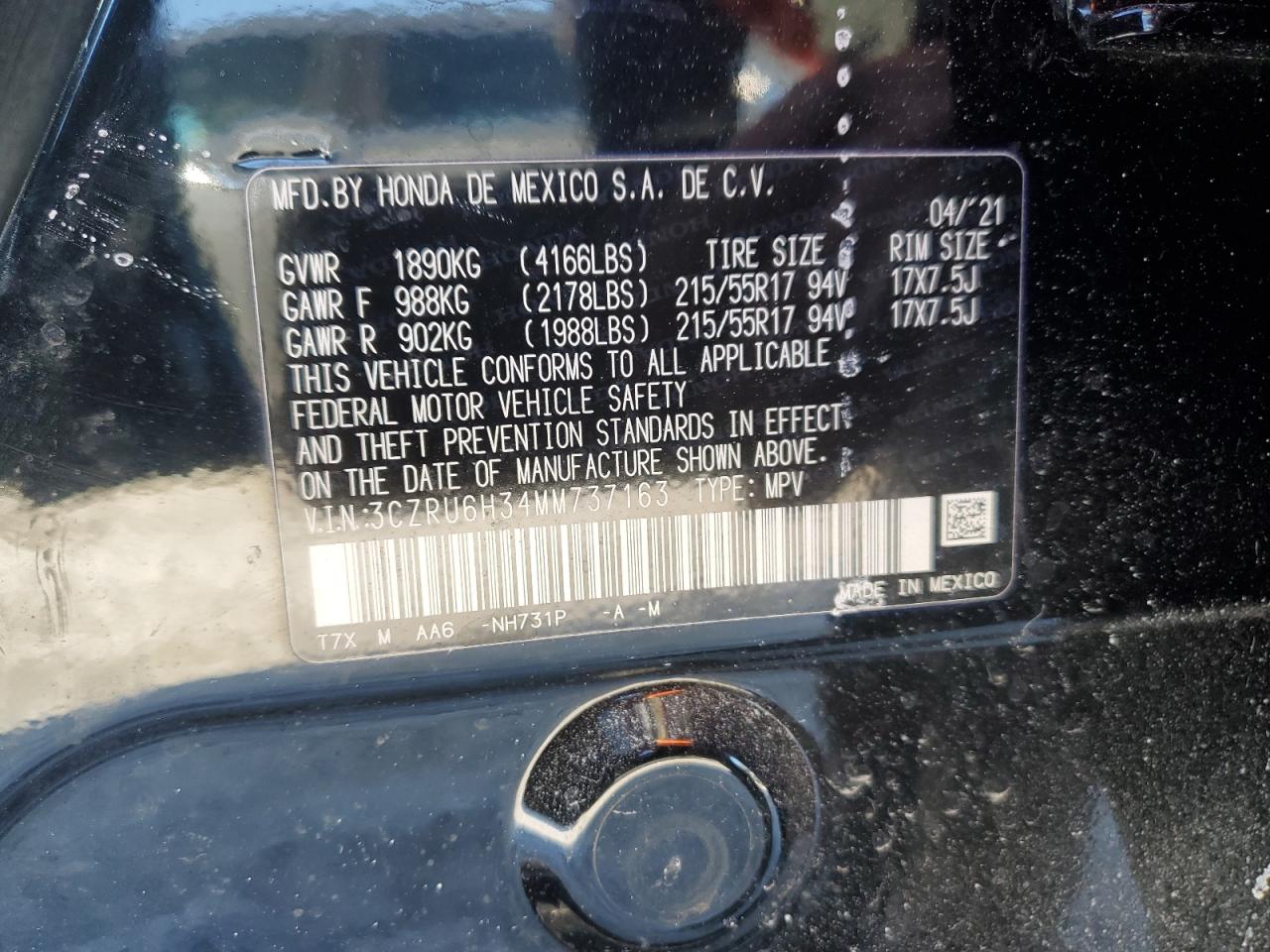 2021 Honda HR-V VIN 3CZRU6H34MM737163 Copart auction photo, front end damage thumbnail 13