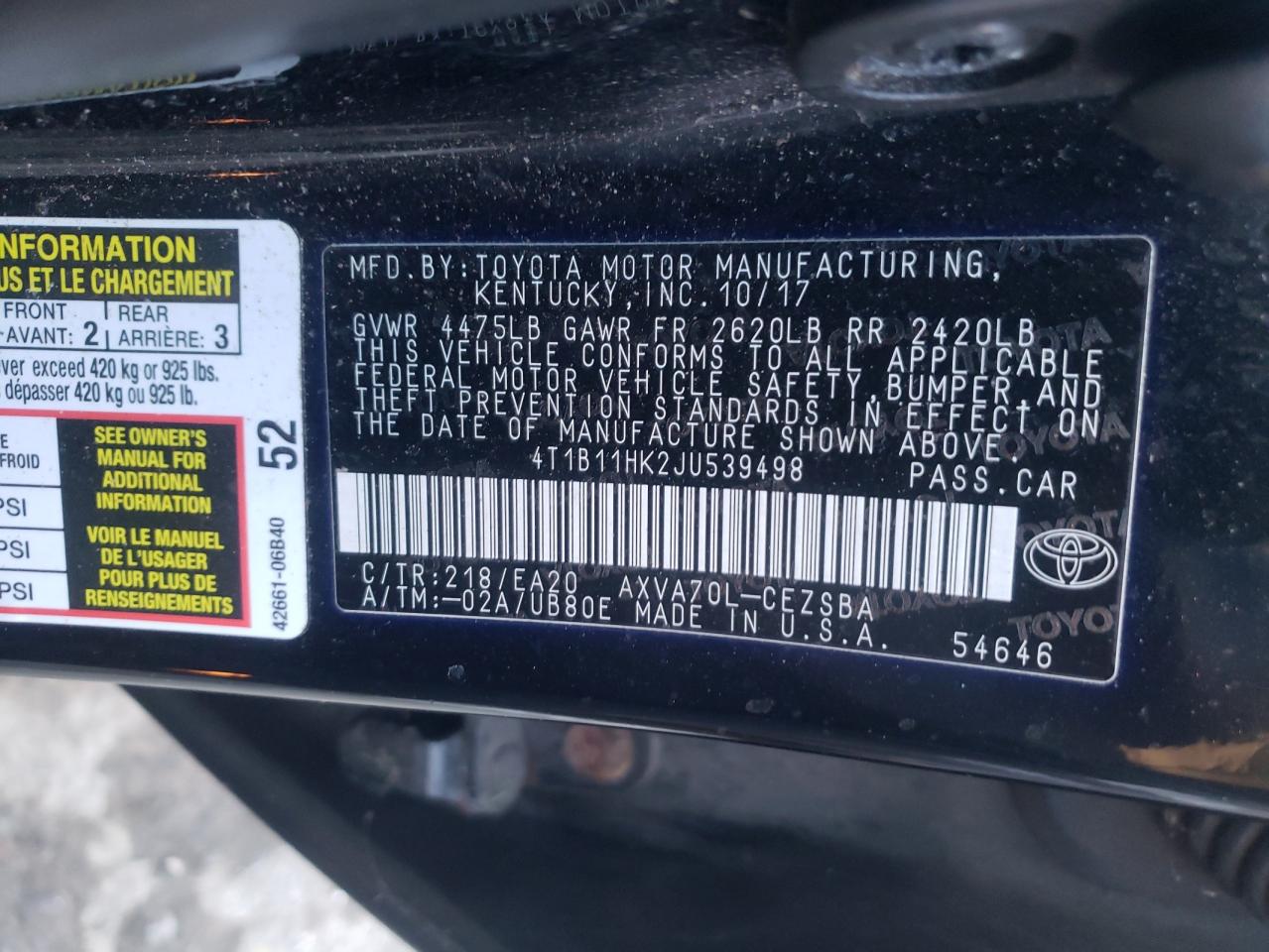 2018 Toyota Camry VIN 4T1B11HK2JU539498 Copart auction photo, minor dent/scratches / mechanical damage thumbnail 12