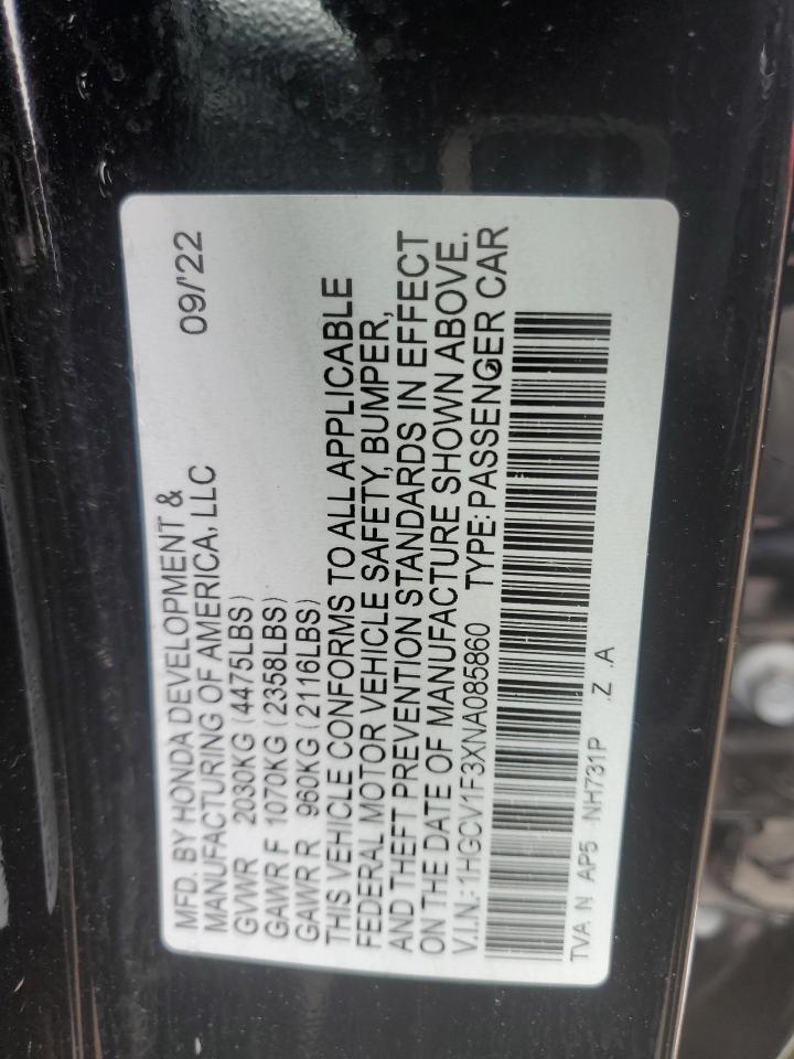 2022 Honda Accord VIN 1HGCV1F3XNA085860 Copart auction photo, front end / side damage thumbnail 13