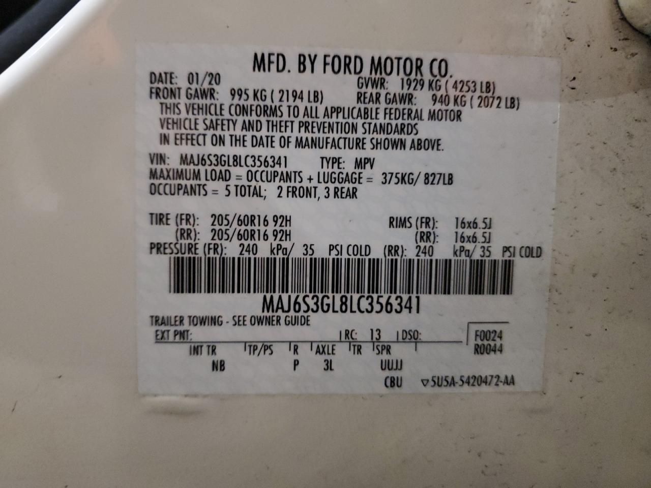 2020 Ford EcoSport VIN MAJ6S3GL8LC356341 Copart auction photo, side / front end damage thumbnail 14