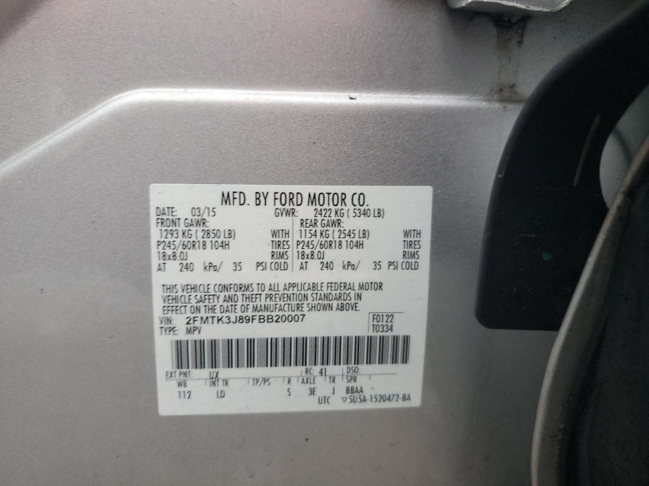 2015 Ford Edge VIN 2FMTK3J89FBB20007 Copart auction photo, front end / undercarriage damage thumbnail 14