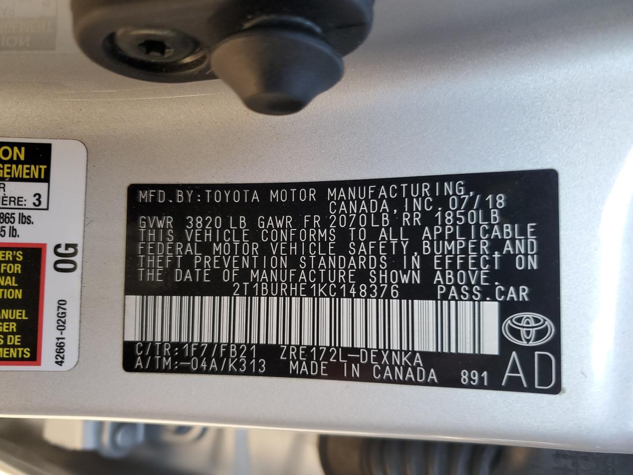 2019 Toyota Corolla VIN 2T1BURHE1KC148376 Copart auction photo, rear end / side damage thumbnail 12