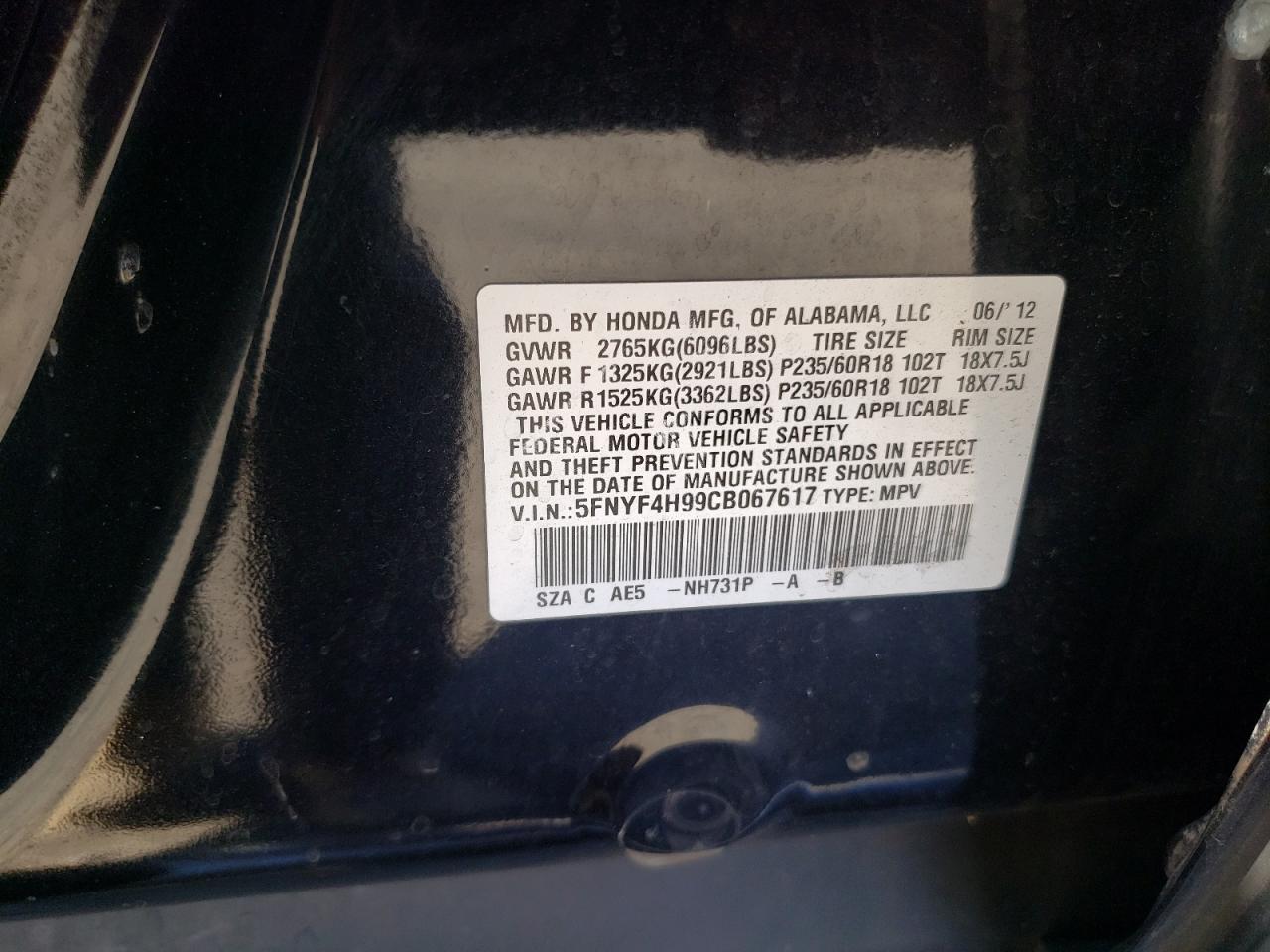 2012 Honda Pilot VIN 5FNYF4H99CB067617 Copart auction photo, front end damage thumbnail 15