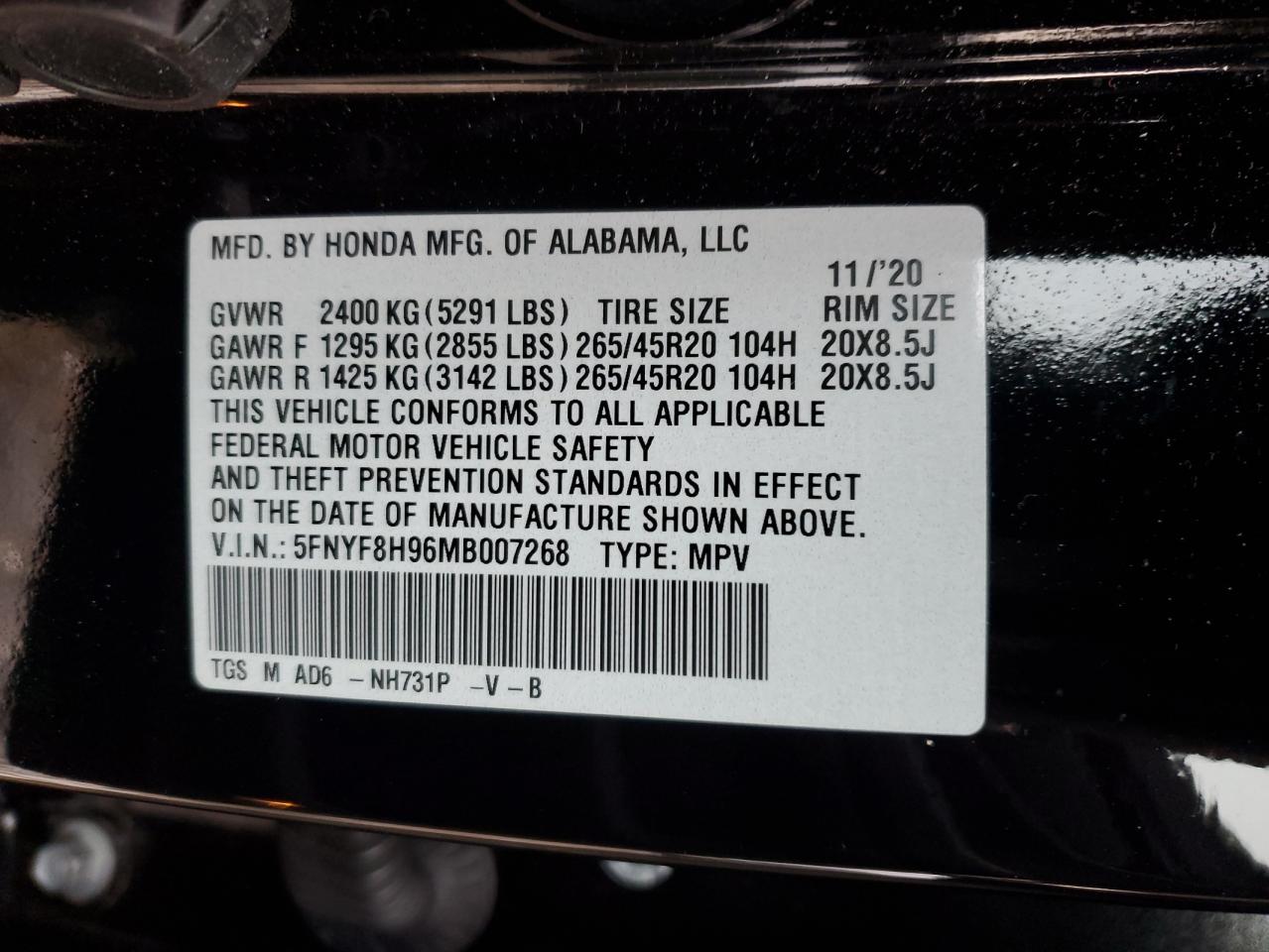 2021 Honda Passport VIN 5FNYF8H96MB007268 Copart auction photo, all over damage thumbnail 13
