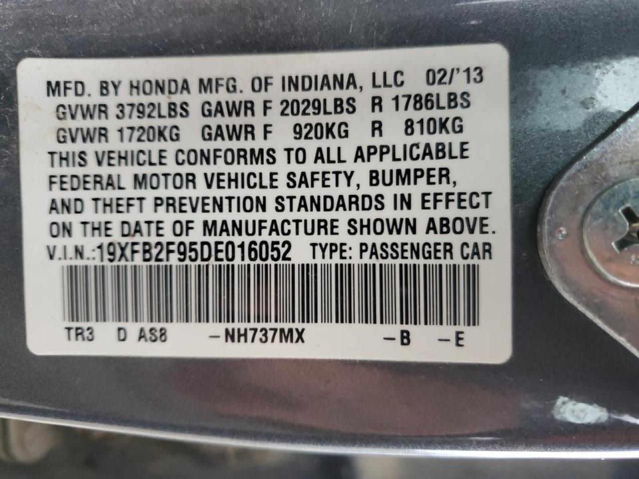 2013 Honda Civic VIN 19XFB2F95DE016052 Copart auction photo, mechanical damage thumbnail 12