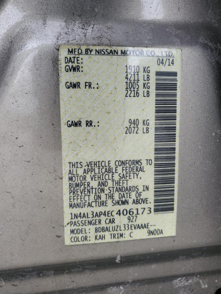 2014 Nissan Altima VIN 1N4AL3AP4EC406173 Copart auction photo, rear end / side damage thumbnail 15