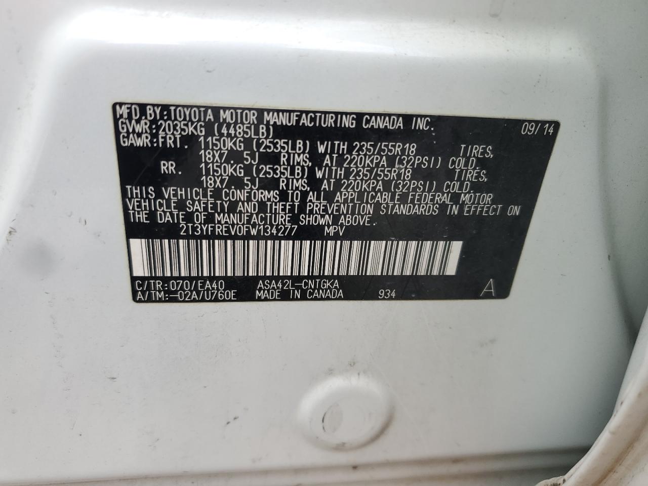 2015 Toyota RAV 4 VIN 2T3YFREV0FW134277 Copart auction photo, front end damage thumbnail 13