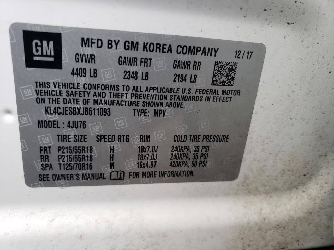 2018 Buick Encore VIN KL4CJESBXJB611093 Copart auction photo, front end damage thumbnail 15
