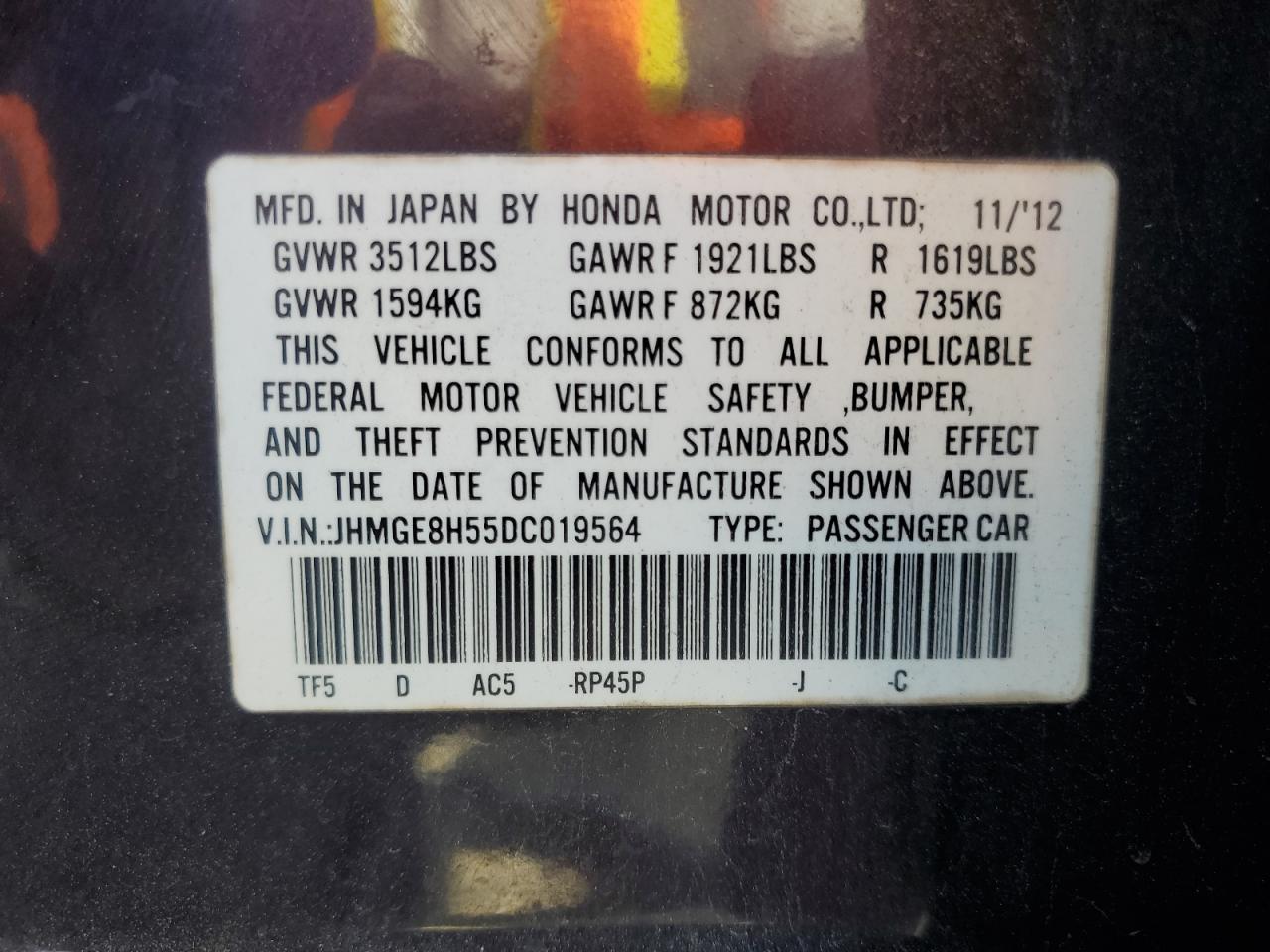 2013 Honda Fit VIN JHMGE8H55DC019564 Copart auction photo, rear end / minor dent/scratches damage thumbnail 12