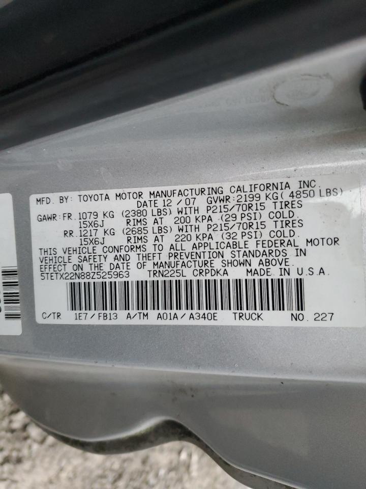 2008 Toyota Tacoma VIN 5TETX22N88Z525963 Copart auction photo, front end / side damage thumbnail 14