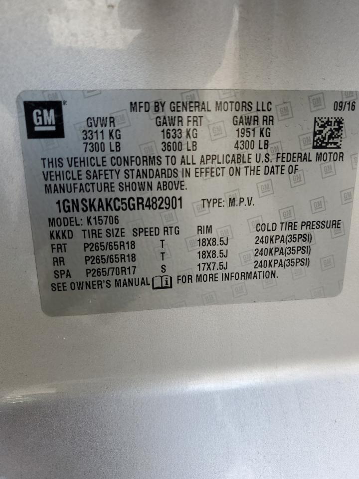 2016 Chevrolet Tahoe VIN 1GNSKAKC5GR482901 Copart auction photo, side damage thumbnail 15