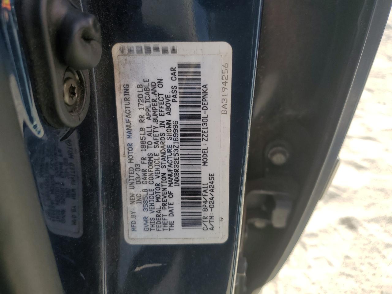 2003 Toyota Corolla VIN 1NXBR32E53Z169996 Copart auction photo, front end damage thumbnail 14