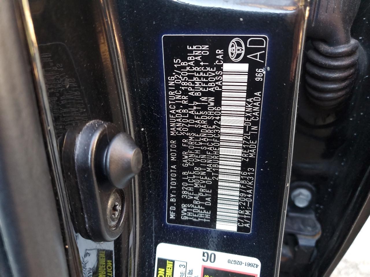 2015 Toyota Corolla VIN 2T1BURHE0FC372406 Copart auction photo, side / front end damage thumbnail 12