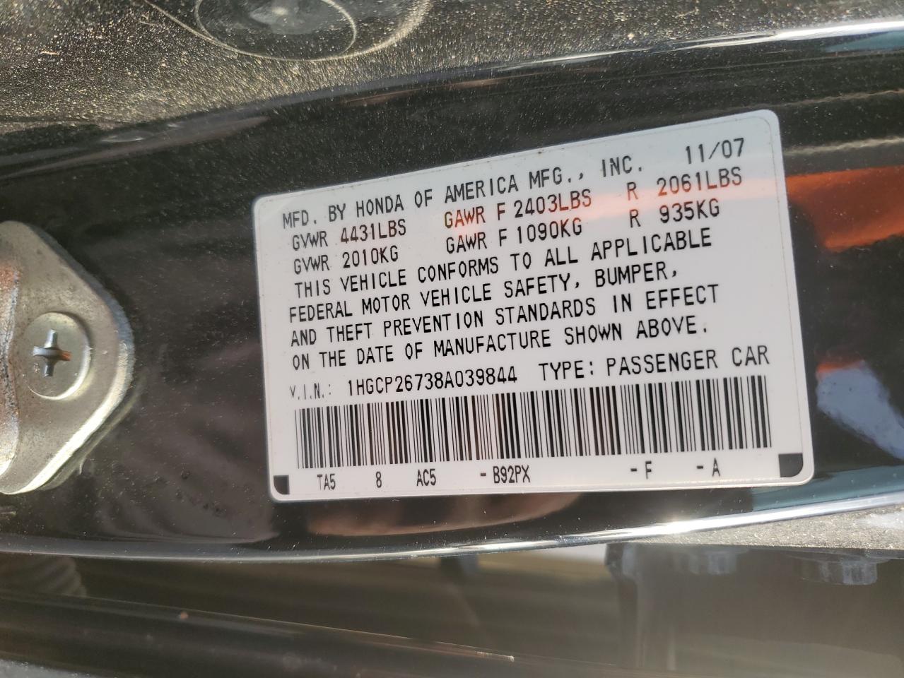 2008 Honda Accord VIN 1HGCP26738A039844 Copart auction photo, rear end damage thumbnail 12
