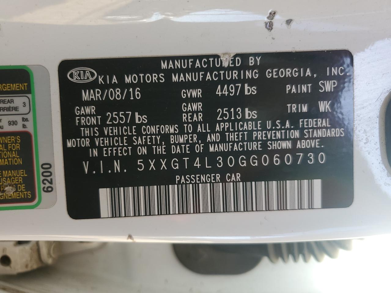 2016 KIA Optima VIN 5XXGT4L30GG060730 Copart auction photo, front end / minor dent/scratches damage thumbnail 12