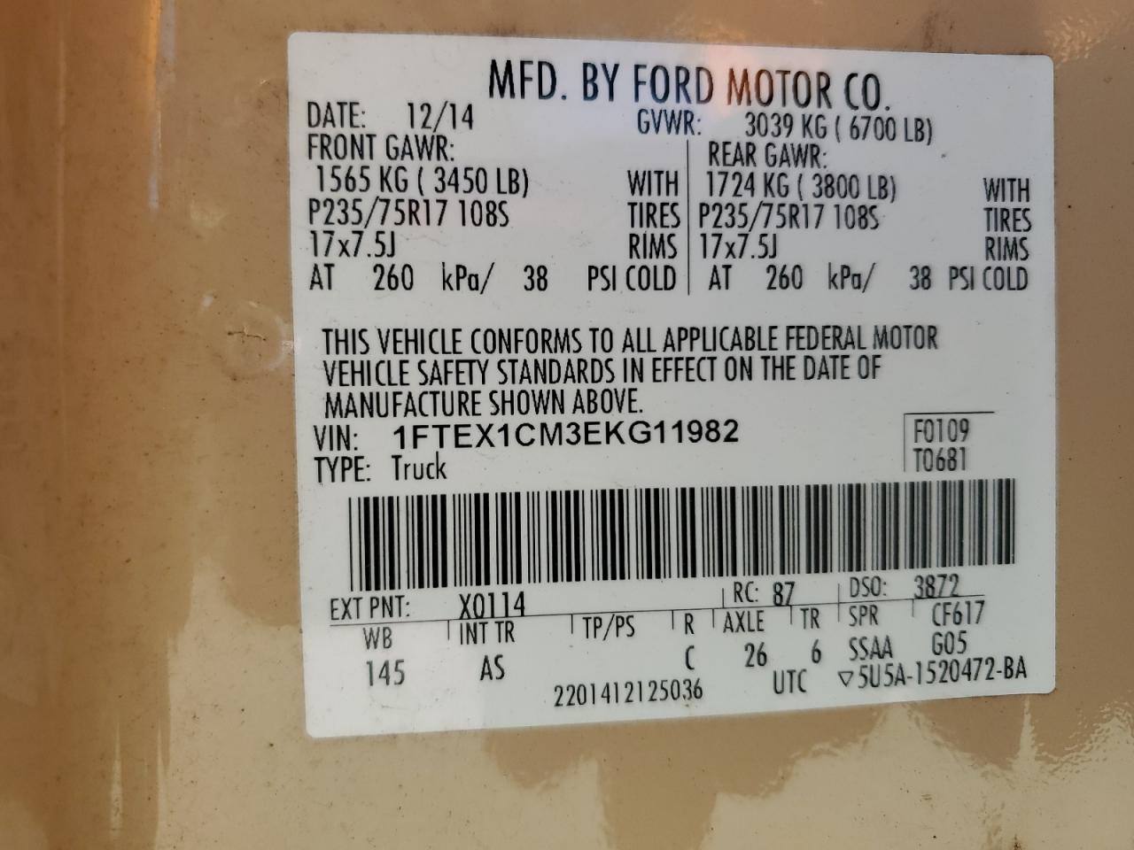 2014 Ford F-150 VIN 1FTEX1CM3EKG11982 Copart auction photo, front end / minor dent/scratches damage thumbnail 12