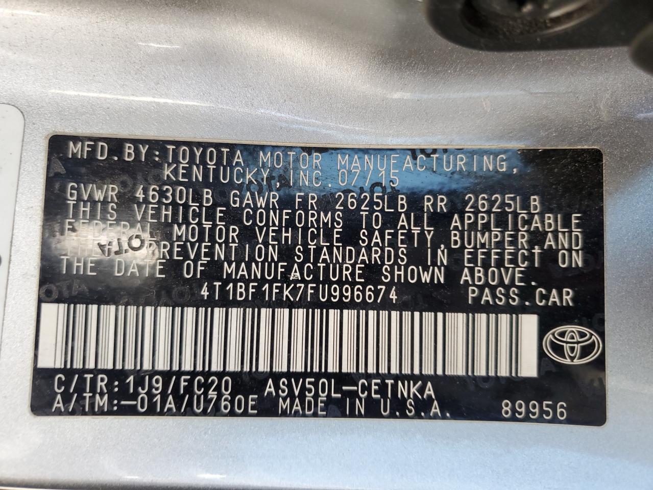 2015 Toyota Camry VIN 4T1BF1FK7FU996674 Copart auction photo, front end damage thumbnail 13