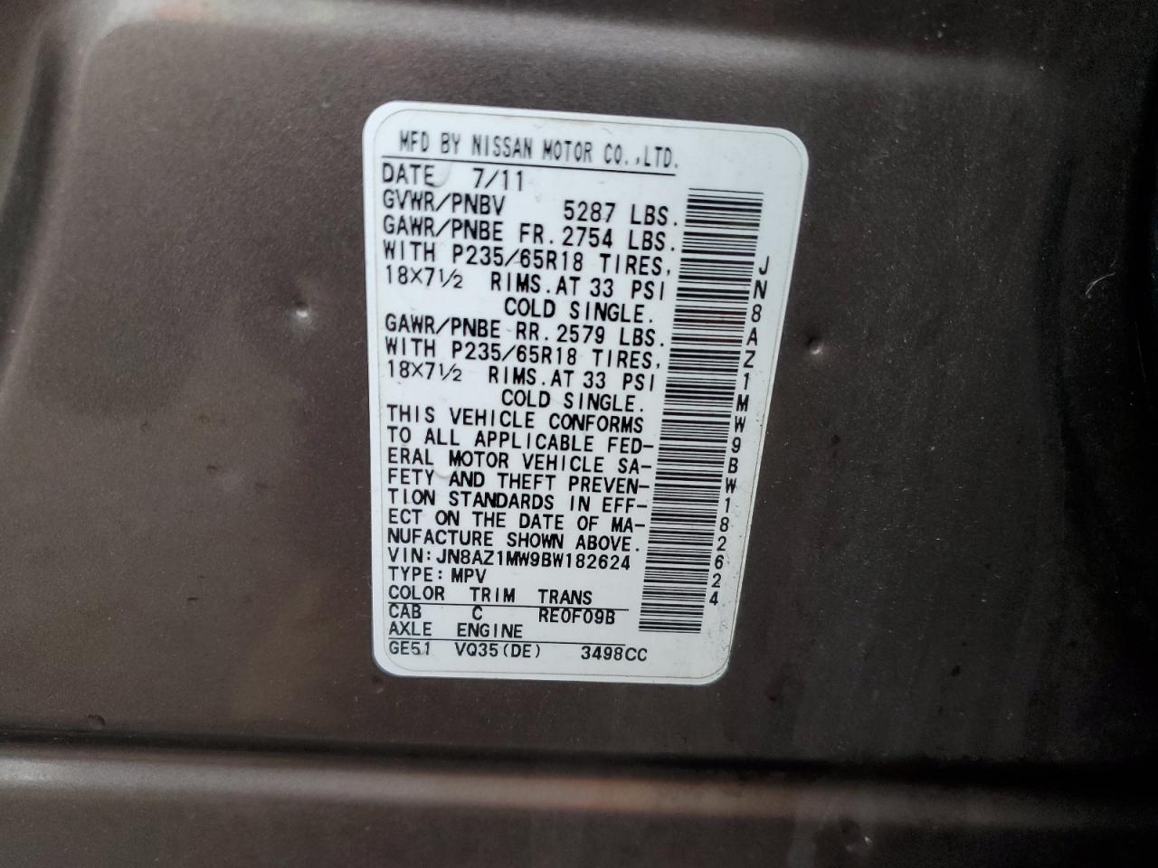 2011 Nissan Murano VIN JN8AZ1MW9BW182624 Copart auction photo, rear end damage thumbnail 13