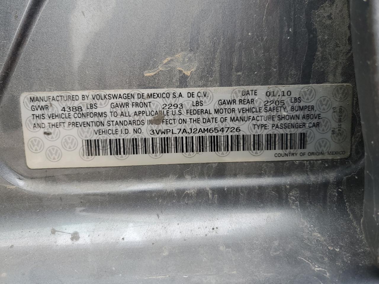 2010 Volkswagen Jetta VIN 3VWPL7AJ2AM654726 Copart auction photo, front end damage thumbnail 14