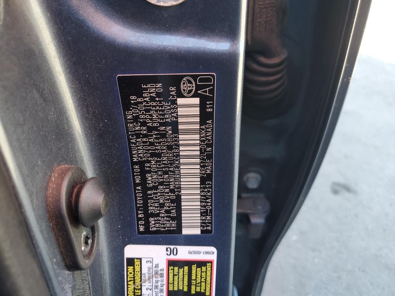 2019 Toyota Corolla VIN 2T1BURHE2KC187333 Copart auction photo, front end / side damage thumbnail 12