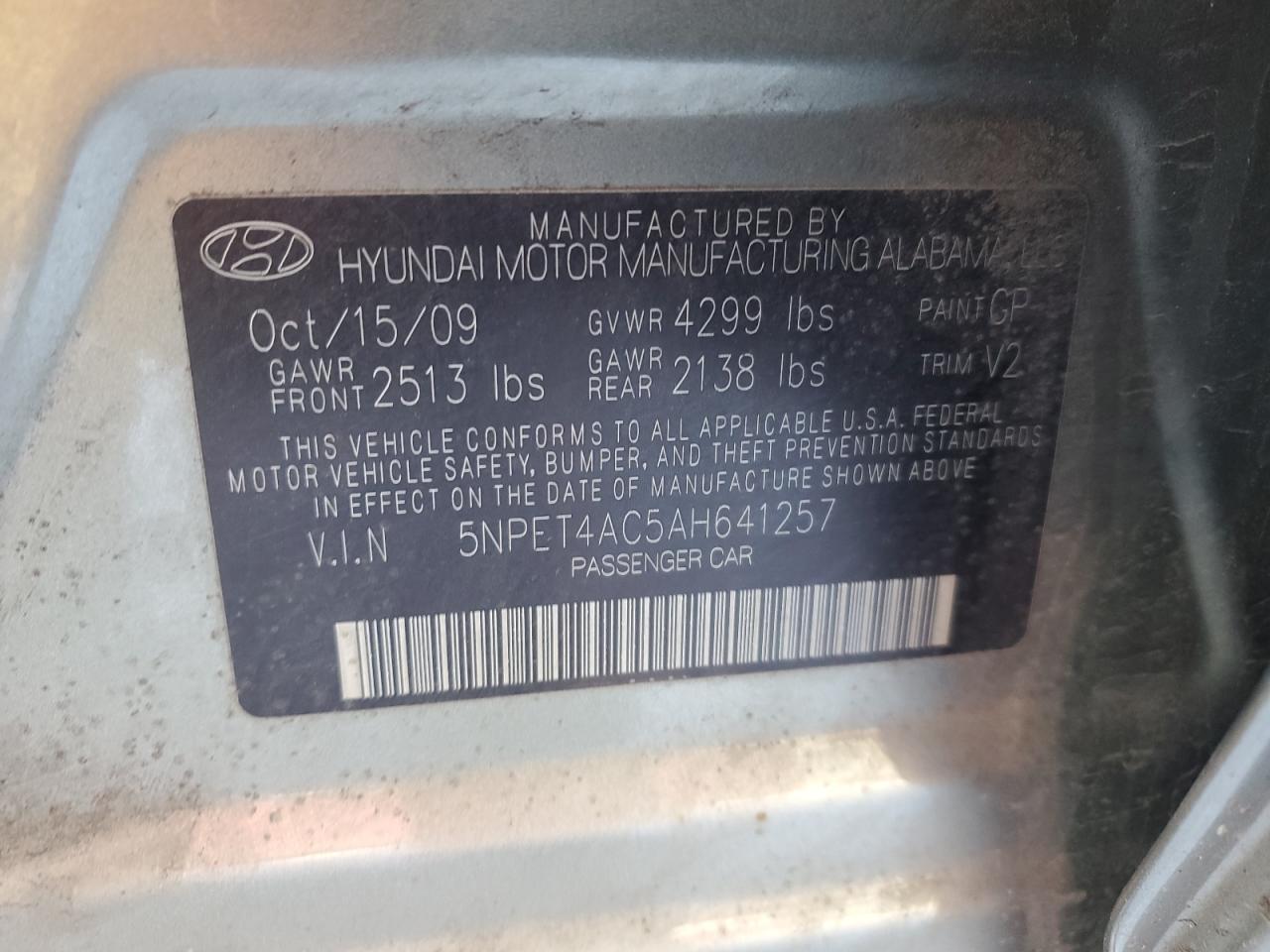 2010 Hyundai Sonata VIN 5NPET4AC5AH641257 Copart auction photo, front end / side damage thumbnail 13