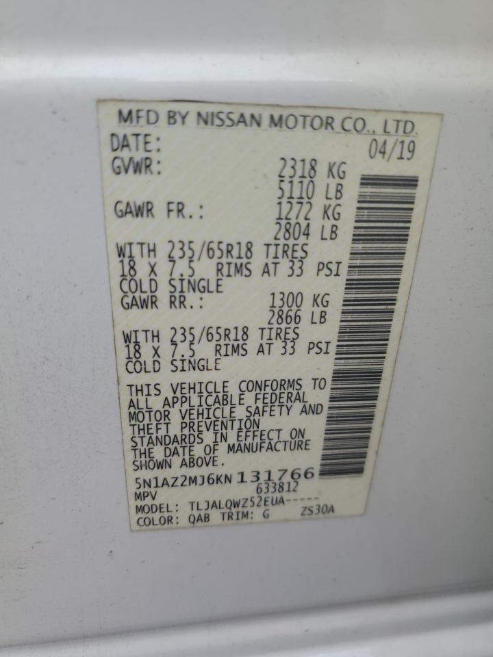 2019 Nissan Murano VIN 5N1AZ2MJ6KN131766 Copart auction photo, front end damage thumbnail 13