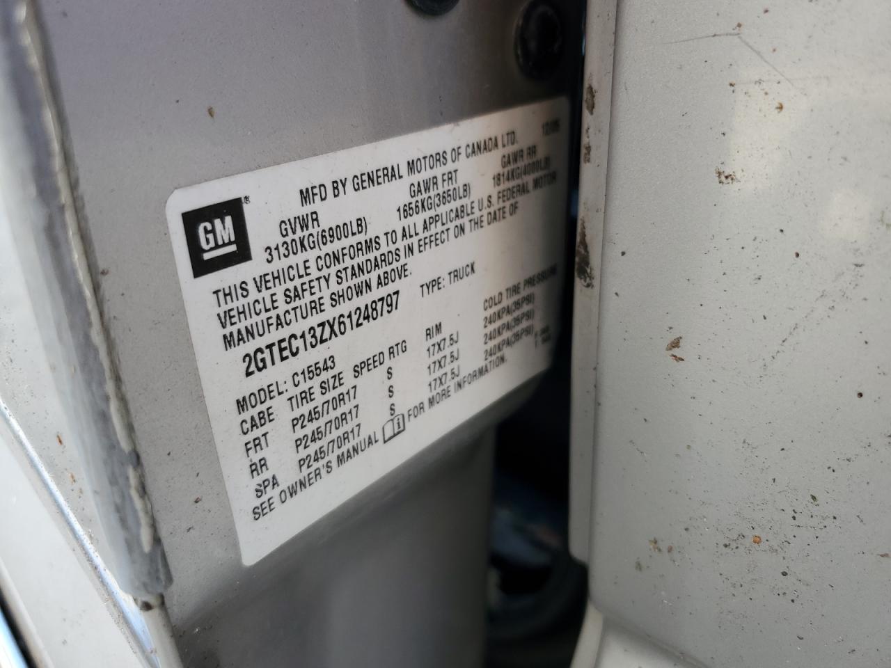 2006 GMC Sierra VIN 2GTEC13ZX61248797 Copart auction photo, top/roof damage thumbnail 12