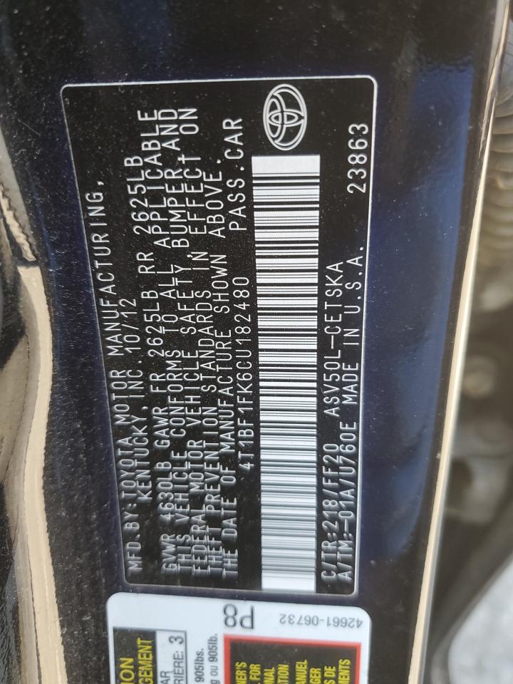2012 Toyota Camry VIN 4T1BF1FK6CU182480 Copart auction photo, rear end damage thumbnail 12