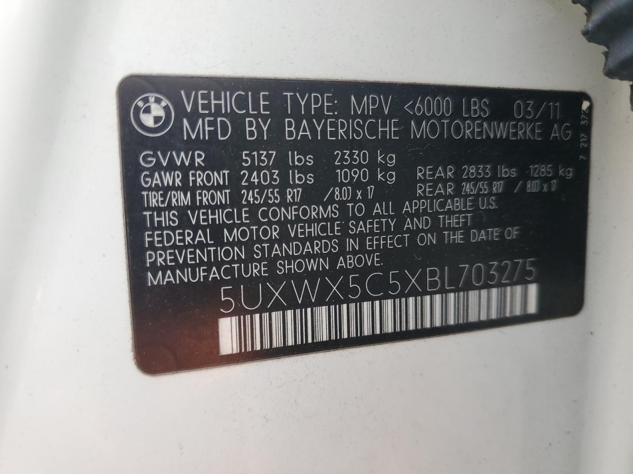2011 BMW X3 VIN 5UXWX5C5XBL703275 Copart auction photo, rear end / side damage thumbnail 13