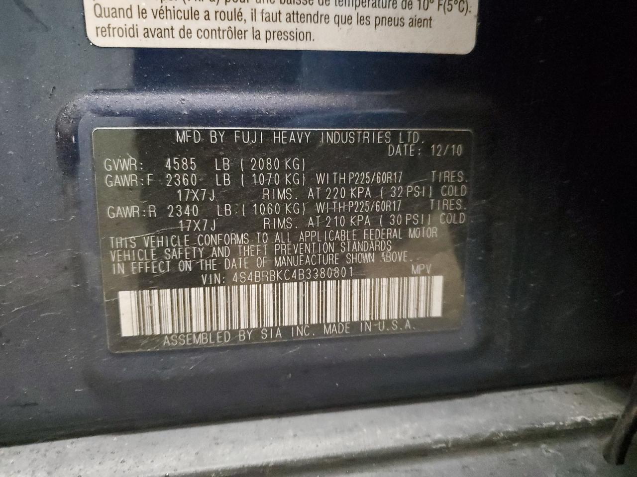 2011 Subaru Outback VIN 4S4BRBKC4B3380801 Copart auction photo, front end damage thumbnail 13