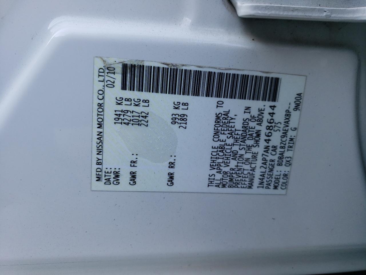 2010 Nissan Altima VIN 1N4AL2AP7AN468644 Copart auction photo, rear end damage thumbnail 12