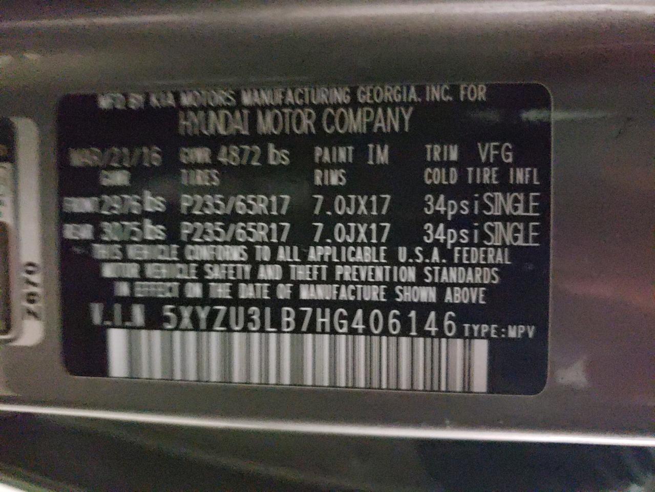 2017 Hyundai Santa Fe VIN 5XYZU3LB7HG406146 Copart auction photo, front end / minor dent/scratches damage thumbnail 15