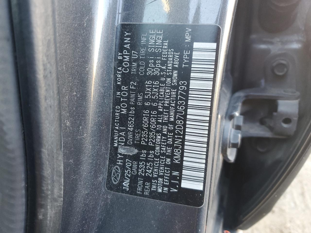2007 Hyundai Tucson VIN KM8JN12D87U637793 Copart auction photo, rear end damage thumbnail 13