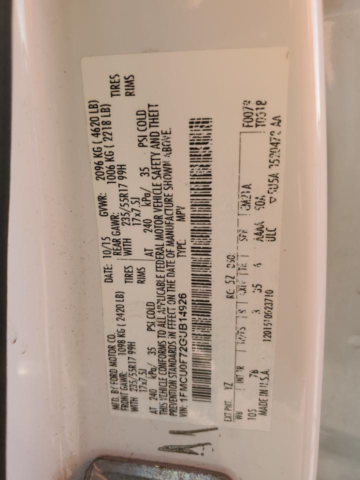2016 Ford Escape VIN 1FMCU0F72GUB14926 Copart auction photo, front end damage thumbnail 14