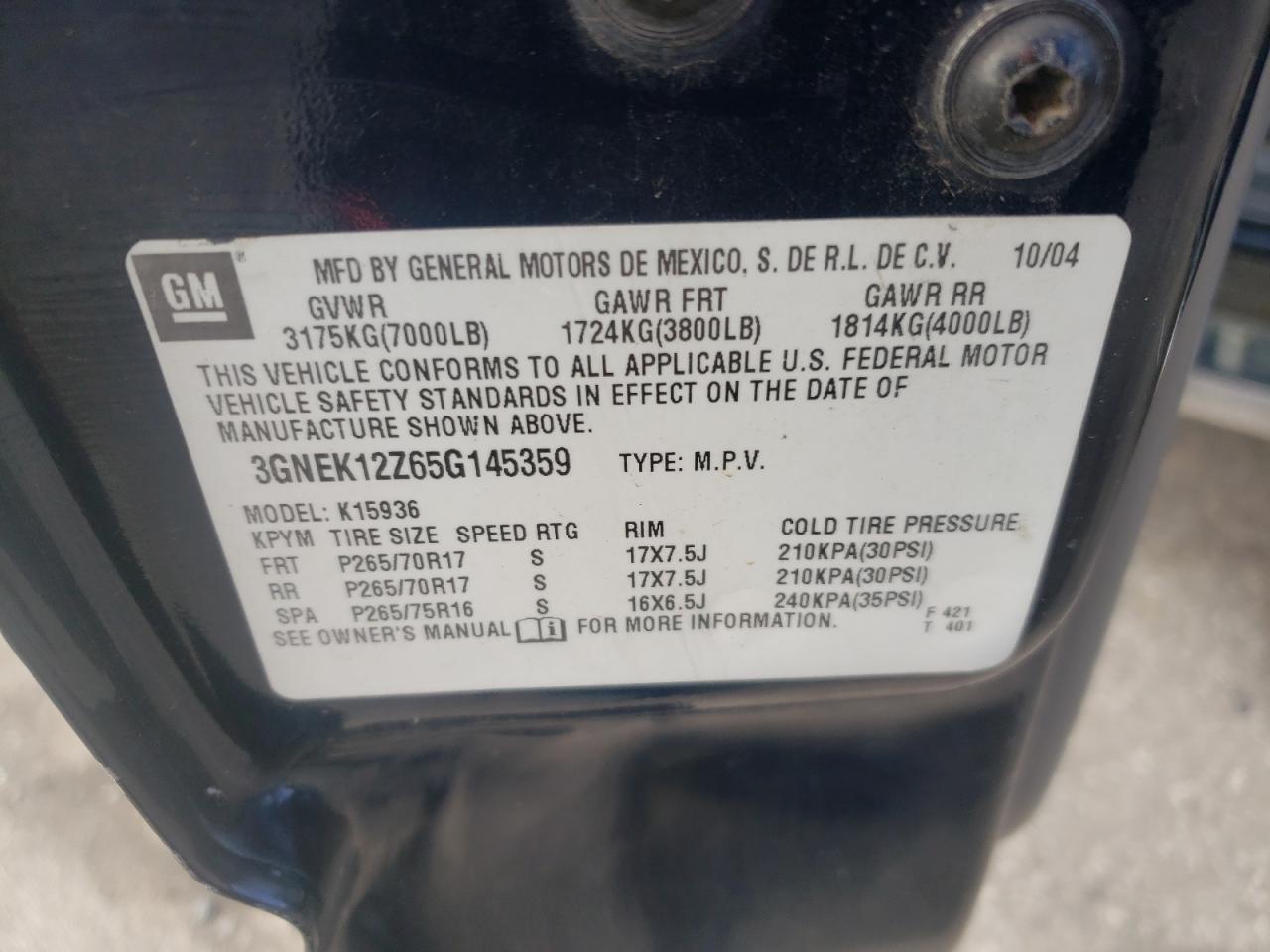 2005 Chevrolet Avalanche VIN 3GNEK12Z65G145359 Copart auction photo, all over damage thumbnail 12
