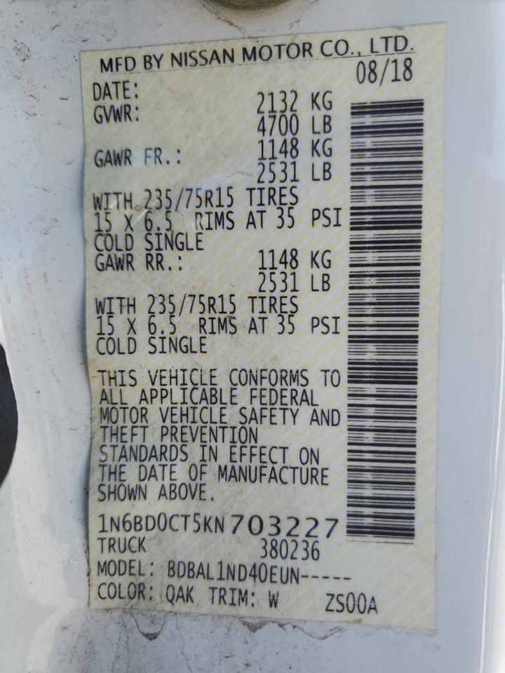 2019 Nissan Navara (Frontier) VIN 1N6BD0CT5KN703227 Copart auction photo, rear end / side damage thumbnail 12